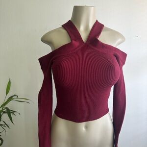 Crop Off the Shoulder Wine Long Sleeve